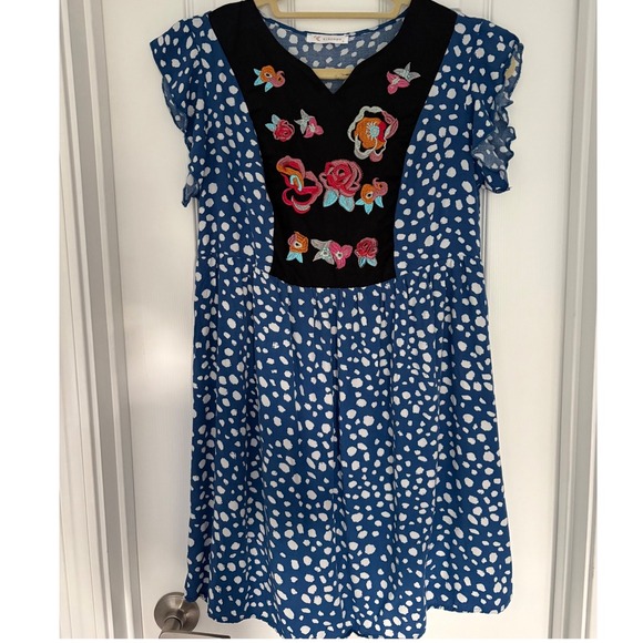 kirundo Dresses & Skirts - KIRUNDO Blue Polka Dot Embroidered Floral V-Neck Mini Dress Small Boho 7089